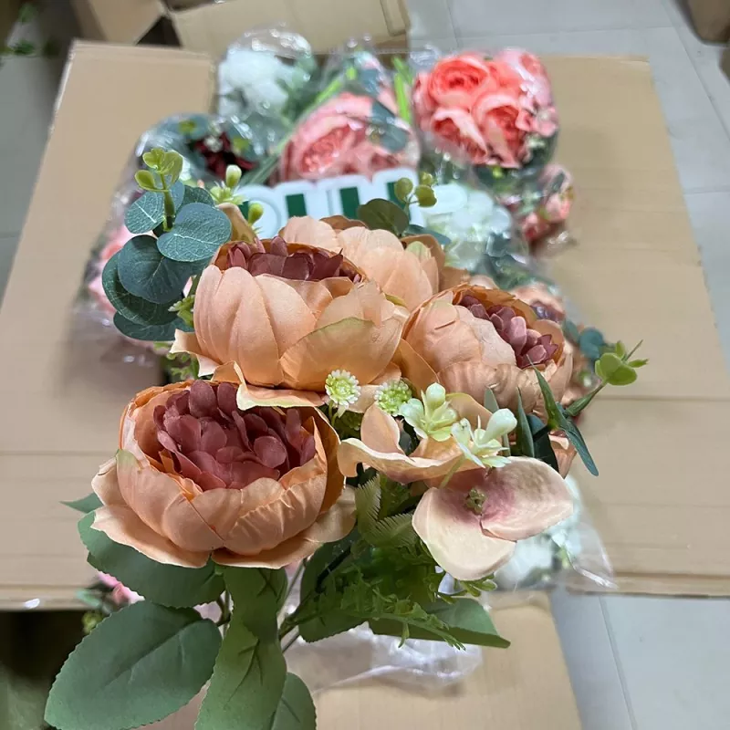 9 stems faux peony bunch in purple tone